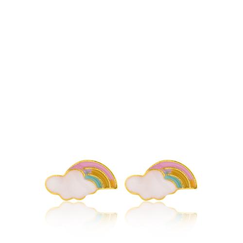 24Κ Yellow gold plated sterling silver children's earrings, pink enamel rainbow.