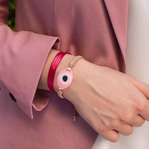 Beige macrame bracelet, resin mother of pearl pink evil eye.
