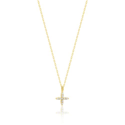 24K Yellow gold plated sterling silver necklace, white cubic zirconia cross.