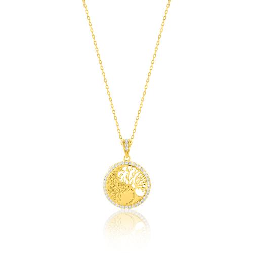 24K Yellow gold plated sterling silver necklace, white cubic zirconia life tree.