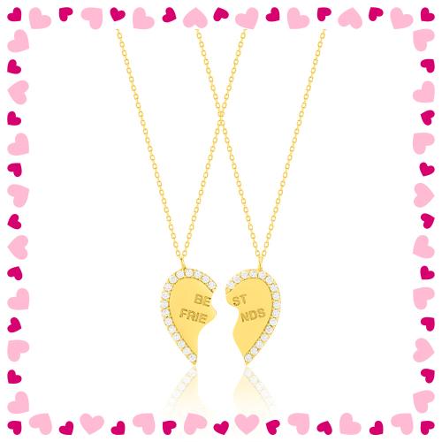 24Κ Yellow gold plated sterling silver set of 2 necklaces, white cubic zirconia heart 'Best Friends'.