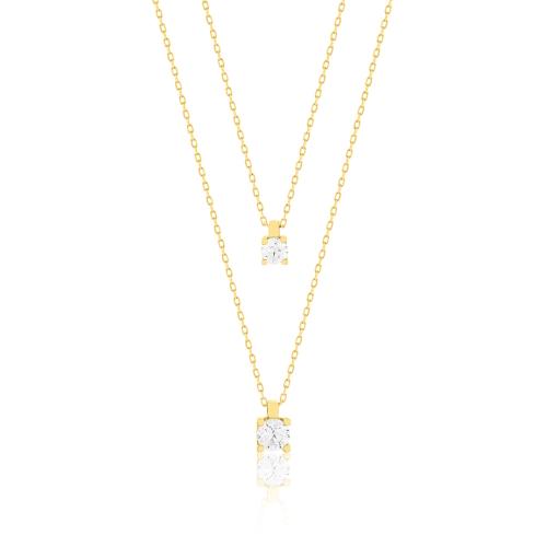 9K Yellow gold double necklace, white solitaires.