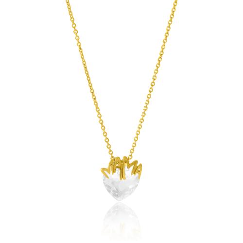 24Κ Yellow gold plated sterling silver necklace, "MAMA" and heart shaped crystal.