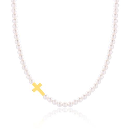 24Κ Yellow gold plated sterling silver necklace, pearls and cross.
