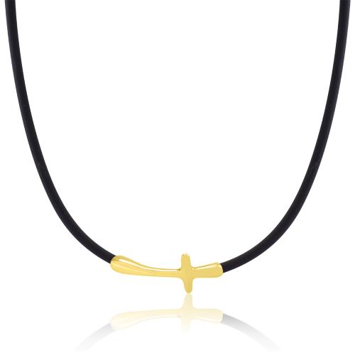 Black rubber necklace, 24Κ Yellow gold plated sterling silver cross.