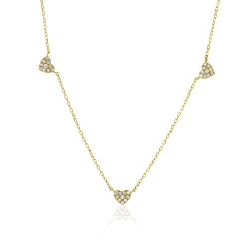 14K Yellow gold necklace, hearts with diamonds.