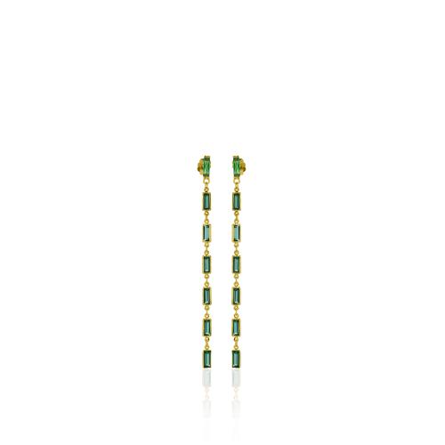 Σκουλαρίκια ορείχαλκος, κίτρινο επιχρύσωμα 24Κ, πράσινα ορθογώνια μονόπετρα.