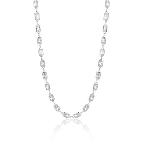 Rhodium plated brass necklace, white rectangle solitaires.