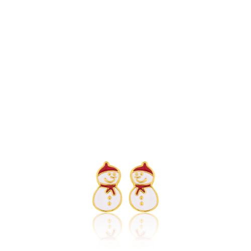 24Κ Yellow gold plated sterling silver earrings, white enamel snowman.