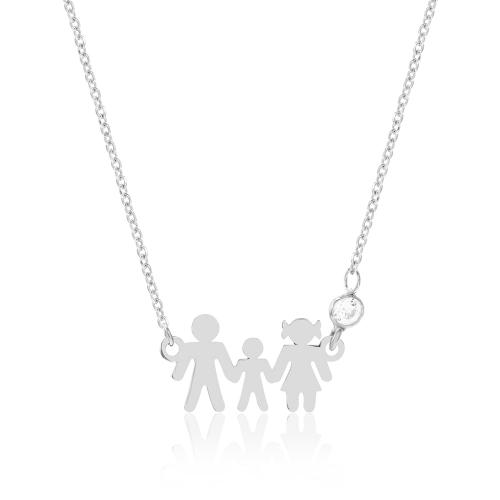 Sterling silver necklace, family with boy, white cubic zirconia.