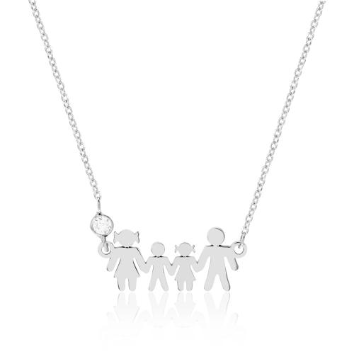 Sterling silver necklace, family with boy and girl, white cubic zirconia.