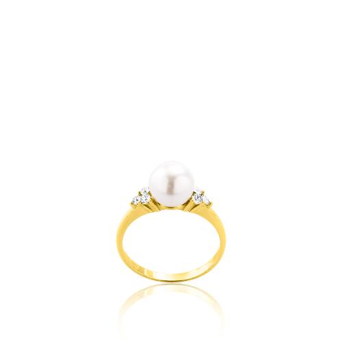 Δαχτυλίδι ασήμι 925, κίτρινο επιχρύσωμα 24Κ, λευκά ζιργκόν και μαργαριτάρι.
