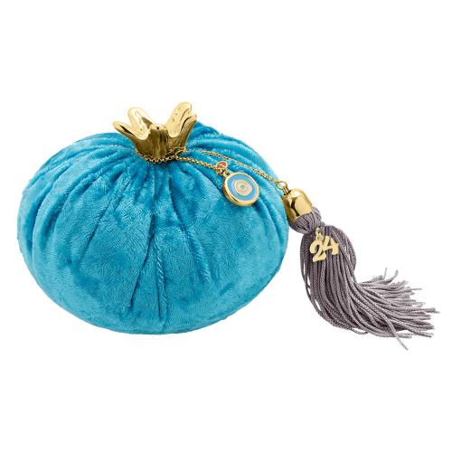 2024 Lucky charm, turquoise velvet pomegranate, 24Κ Yellow gold plated brass evil eye and tassel. Dimensions: 10 x 12cm.
