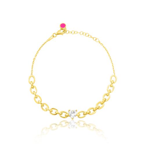 24Κ Yellow gold plated sterling silver bracelet, chain and heart shaped white solitaire.