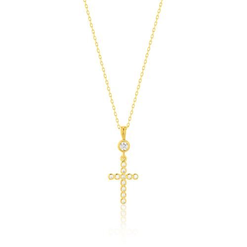 24Κ Yellow gold plated sterling silver necklace, cross with white cubic zirconia and solitaire.