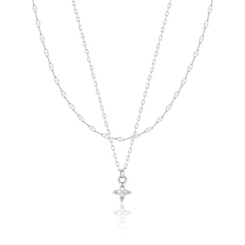 Sterling silver double necklace, cross with white cubic zirconia and chain.