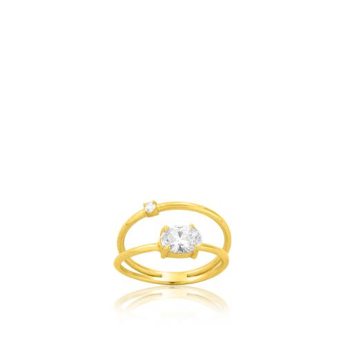 Δαχτυλίδι διπλό ασήμι 925, κίτρινο επιχρύσωμα 24Κ, λευκό μονόπετρο και λευκό ζιργκόν.