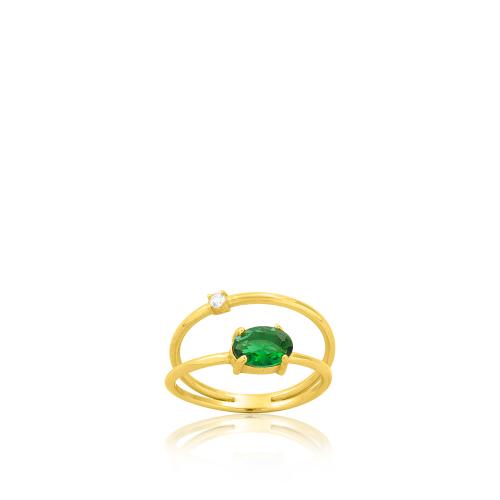 Δαχτυλίδι διπλό ασήμι 925, κίτρινο επιχρύσωμα 24Κ, πράσινο μονόπετρο και λευκό ζιργκόν.