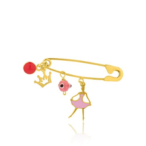 Yellow gold plated sterling silver safety pin, crown, evil eye and ballerina.