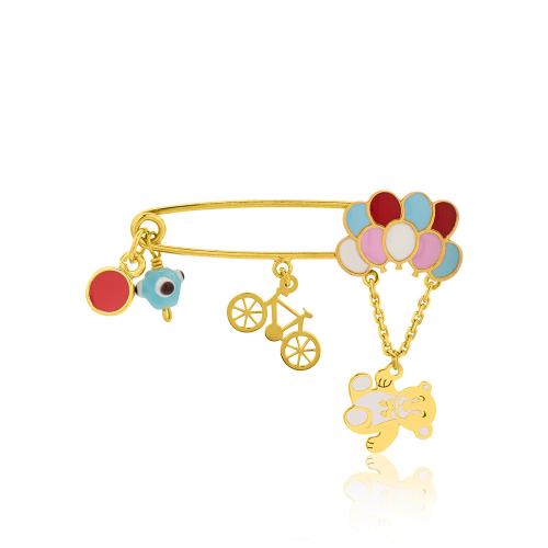 Yellow gold plated sterling silver safety pin, bicycle, evil eye and bear with ballons.