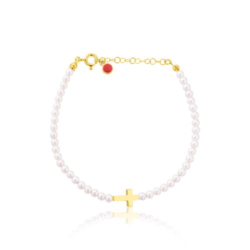 24Κ Yellow gold plated sterling silver bracelet, pearls and cross.