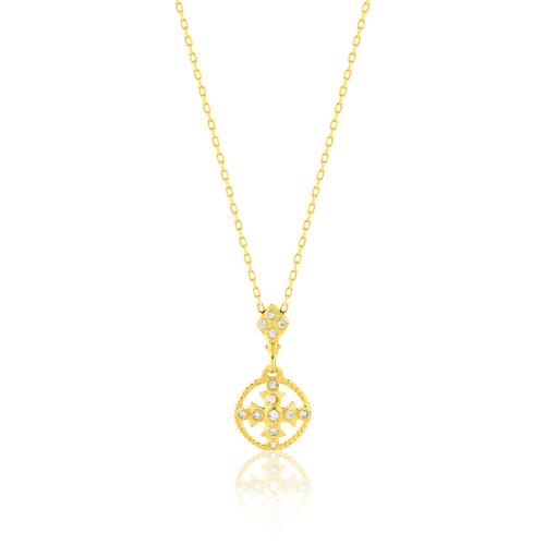 24Κ Yellow gold plated sterling silver necklace, cross with white cubic zirconia.