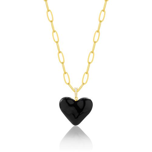 24Κ Yellow gold plated brass necklace, white cubic zirconia black Murano glass heart.