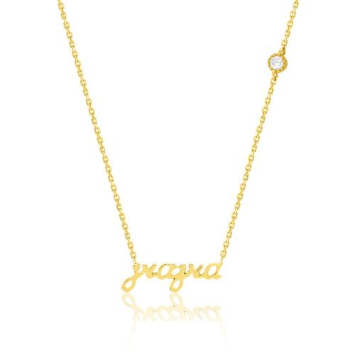 24K Yellow gold plated sterling silver necklace 'γιαγια', white solitaire.