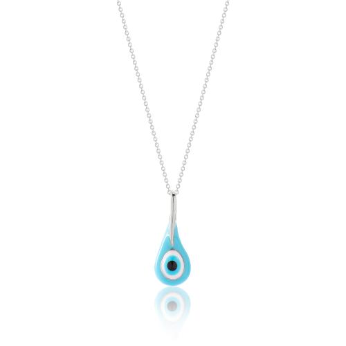 Sterling silver necklace, turquoise enamel evil eye drop.