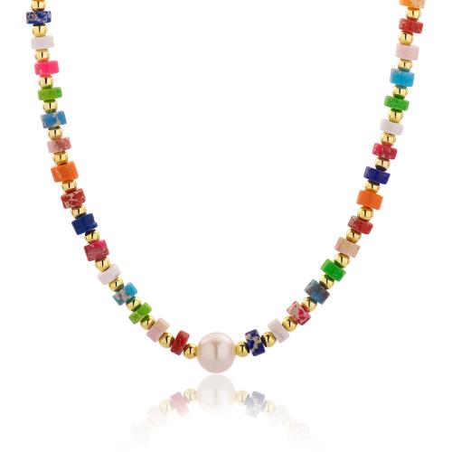Cord necklace with pearl and multicolor jasper stone.