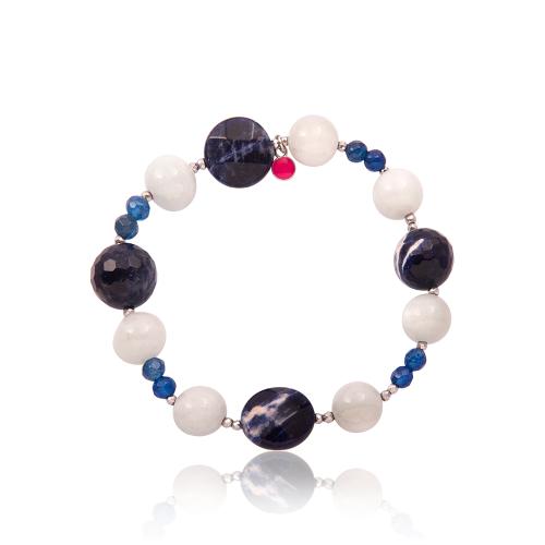 Silicone bracelet with blue lapis, aimatite and pearls.