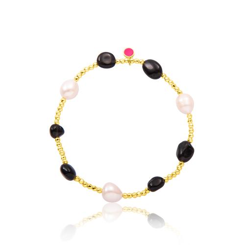 Silicone bracelet with gold aimatite, pearls and onyx.