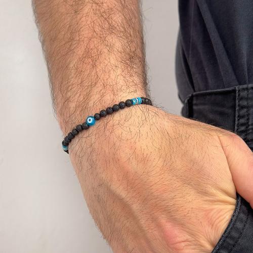 Men΄s silicone bracelet, black and turquoise semi precious stones and evil eye.