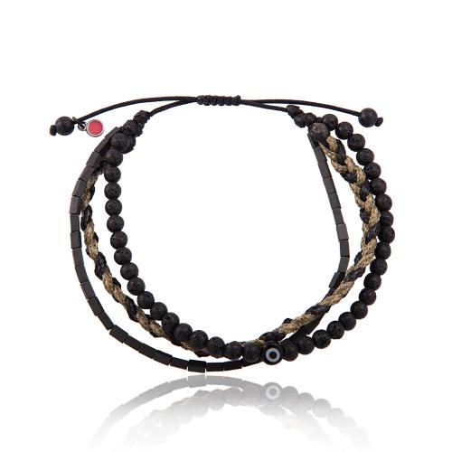 Black macrame bracelet, black semi precious stones and evil eye.