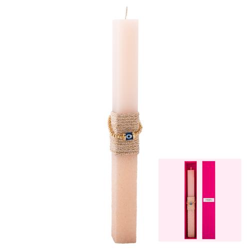 Easter candle, ecru with 24Κ Yellow gold plated brass evil eye bracelet.