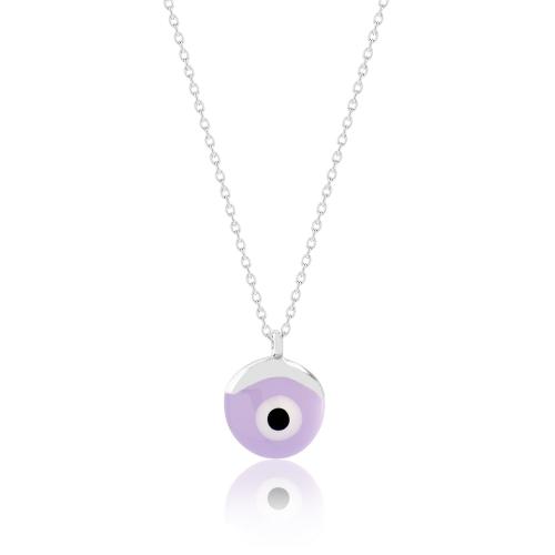 Sterling silver necklace, lilac enamel evil eye.