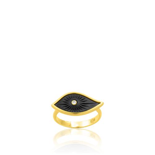 Δαχτυλίδι ασήμι 925, κίτρινο επιχρύσωμα 24Κ, ανάγλυφο μάτι και λευκό ζιργκόν.
