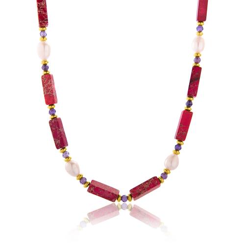 24Κ Yellow gold plated brass necklace, red jasper and amethyst stones and pearls.