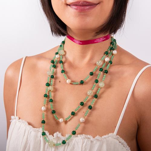 Necklace with gold aimatite, green jade and pearl.