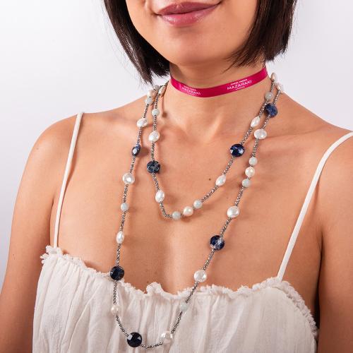 Cord necklace with blue lapis, aimatite and pearls.