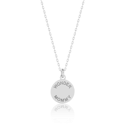 Sterling silver necklace, white cubic zirconia coin ''Wonder Mommy''.