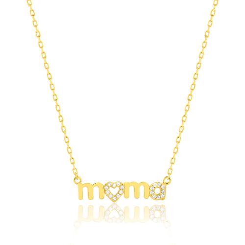 24Κ Yellow gold plated sterling silver necklace, white cubic zirconia heart ''ΜΑΜΑ''.