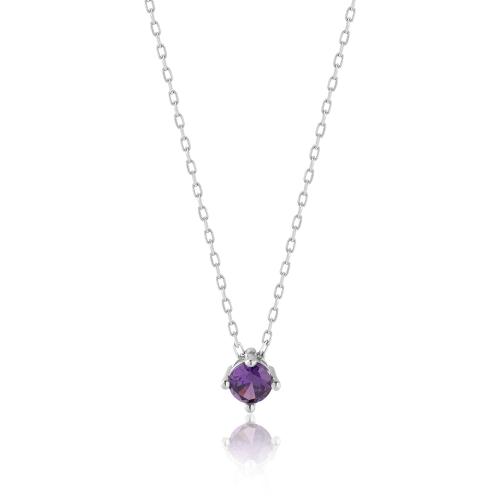 Sterling silver necklace, purple solitaire.
