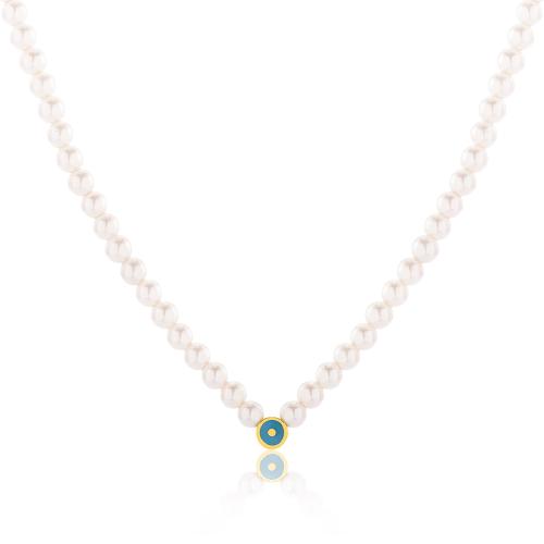 24Κ Yellow gold plated sterling silver necklace, pearls and enamel evil eye.