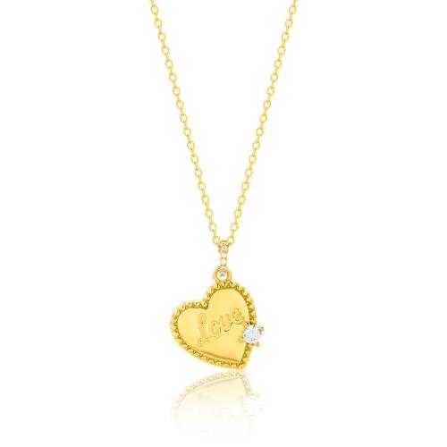 24Κ Yellow gold plated sterling silver necklace, white cubic zirconia heart ''Love''.
