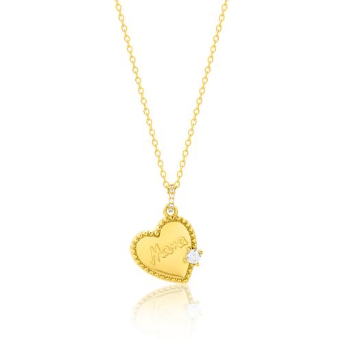 24Κ Yellow gold plated sterling silver necklace, white cubic zirconia heart ''Μama''.