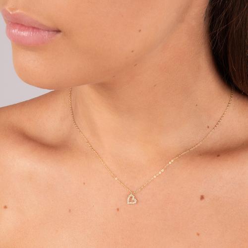 9K Yellow gold necklace, white cubic zirconia heart.