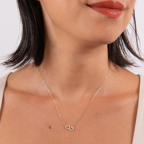 9K Yellow gold necklace, white cubic zirconia hearts.