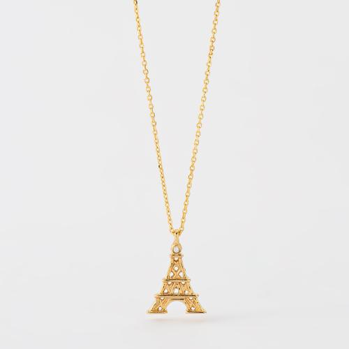 24Κ Yellow gold plated sterling silver necklace, white cubic zirconia Eiffel Tower.