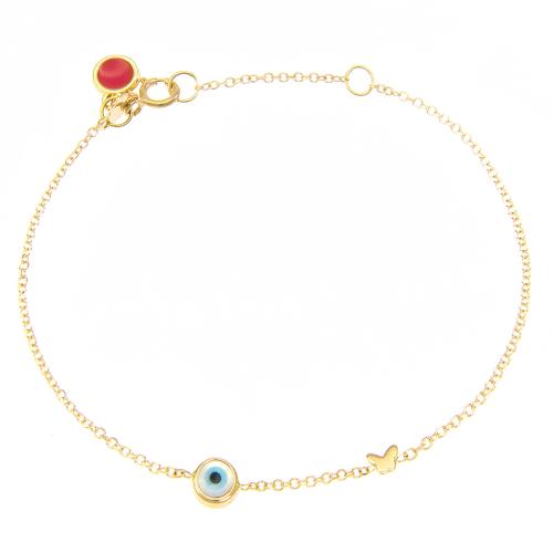 9K Yellow gold bracelet, solid heart and semi precious stone eye.